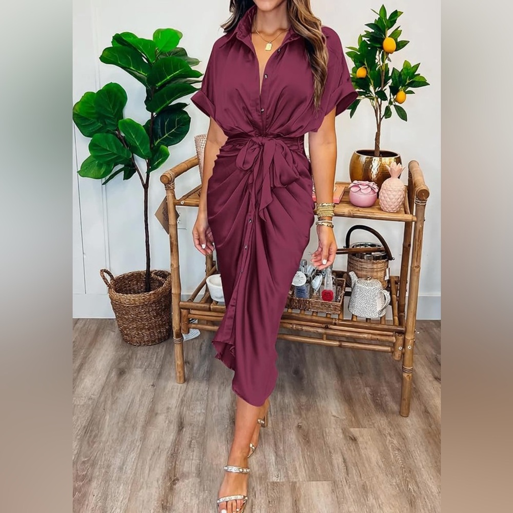 BTFBM Women Button Down Ruched Shirt Dress Short Sleeve Elegant Party Dress